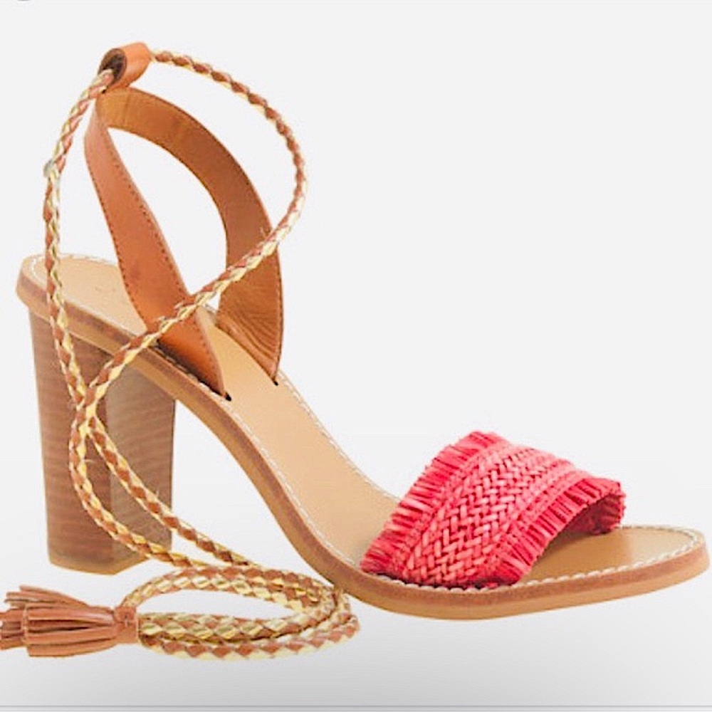 J. Crew Raffia Ankle Tie Block Heel Sandal Size 7 Tan/Pink/Gold - Picture 1 of 15